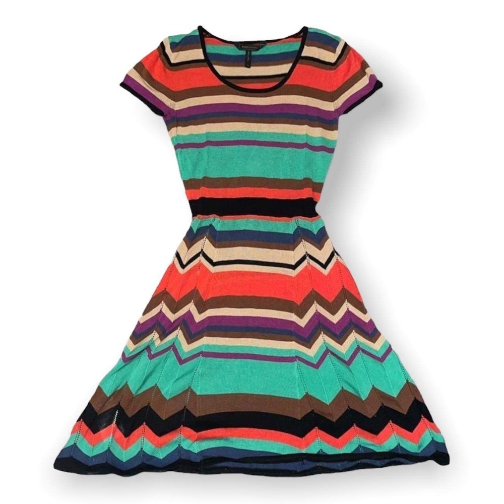 BCBGMAXAZRIA Knit Dress Women Multicolor Striped Chevron Statement Y2K Skater S